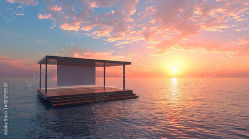 Blank mockup of a stage on a floating barge with water surrounding the performance area and a scenic view of the sunset. .