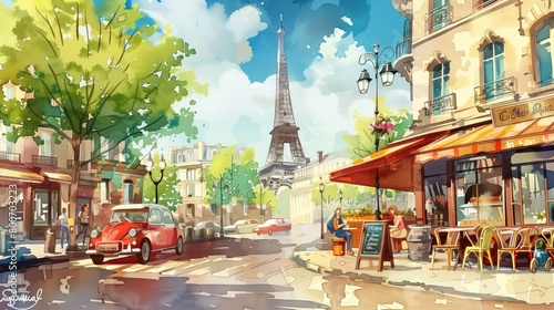 A painting of a Paris city street with a red car parked on the side of the road