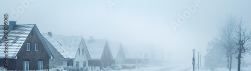 An architectural white urban background with copy space, featuring a row of houses on a white foggy day, ideal for blank design and urban concept