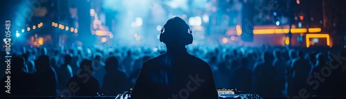 The back view of a DJ at the remote control, silhouetted against the background of a nightclub filled with dancing people at a night disco music festival 8K , high-resolution, ultra HD,up32K HD
