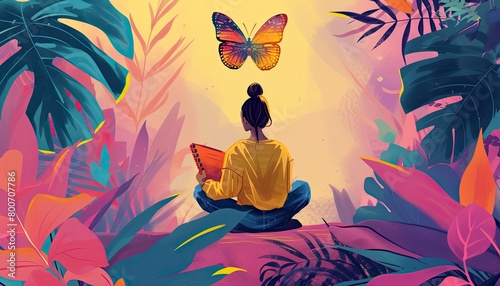 Tropical Art: Woman Meditating with Butterfly 🧘‍♀️🦋