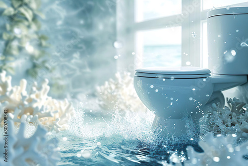 Fresh waves and splashes of water rush into the toilet room, filling it with aquatic aroma. Bathroom scenting concept.