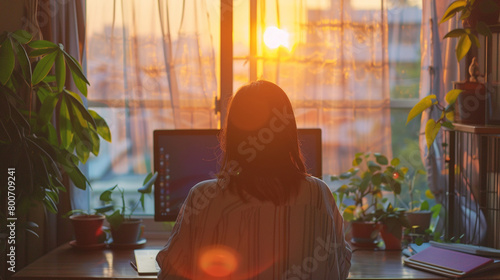 Asian Woman Working from Home: Remote Freelancer at Sunset