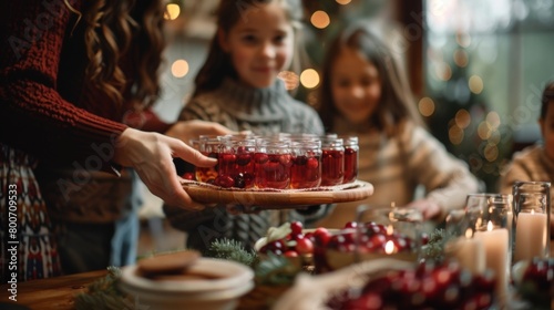 A child passing around a tray of cranberry punch to their delighted family members.