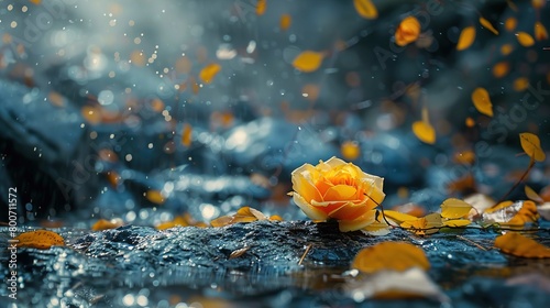 A vibrant yellow rose is centered on a wet, dark rock surface. The rose is fully bloomed and water droplets are visible on its petals, giving it a fresh, dewy appearance. Surrounding the rose are scat