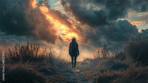 A solitary figure, back to the viewer, stands in the center of the frame on a narrow path surrounded by wild grasses and shrubs. The person appears to be a woman based on the silhouette, wearing a coa