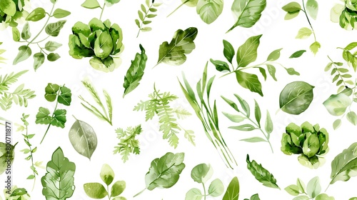watercolor pattern, leaves, vegetables, only green, lots of white space