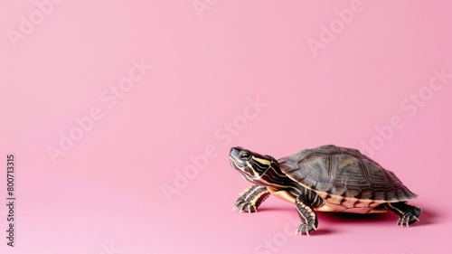 Turtle on pink background with space left side