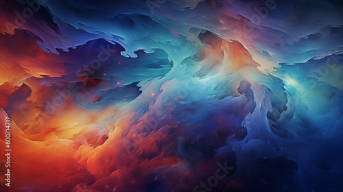 An abstract background filled with swirling galaxies of vibrant colors, resembling a cosmic dance of light and energy. The celestial patterns evoke a sense of wonder and awe, as if witnessing the birt