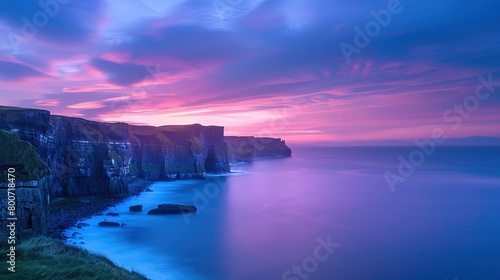 Colorful sky and blue landscape in the early morning dawn on seashore with cliffs, magical, Celtic, Ireland