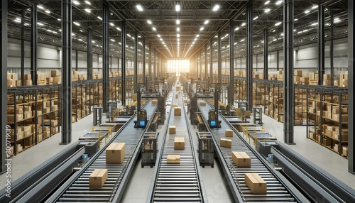 Modern Industrial Warehouse Logistics: Automated Conveyors, Distribution, Speedy Parcel Sorting