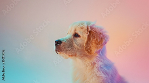 A cute golden retriever puppy looking at the horizon, gradient colorful background, Generative AI.