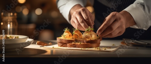 Gourmet chef carefully placing foie gras onto a toast, in a luxurious restaurant setting with dim, intimate lighting,