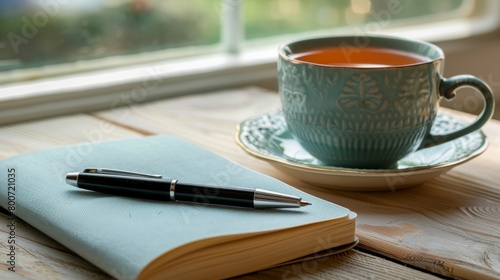 A journal and pen next to a cup of herbal tea symbolizing daily reflection during the challenge.