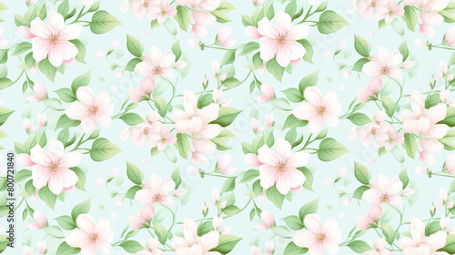 A seamless pattern of delicate pink and white flowers with green leaves on a pale green background.