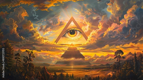 A beautiful oil on canvas depiction of the all seeing eye and pyramid symbol, set against a beautiful sky, in the style of Jason Edmiston, lot's of bold colours photo real painting