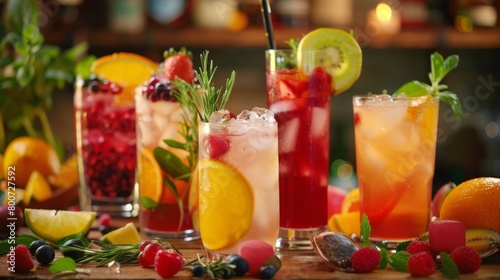 An assortment of colorful and refreshing mocktails made with fresh fruit and herbs displayed on a table surrounded by happy customers.