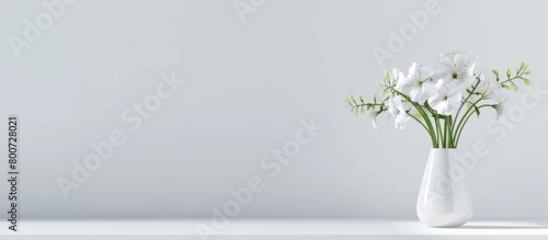 The background is a plain white wall with decorative vases and plants on the table