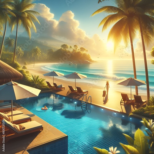 Beautiful tropical beach. Umbrella and chair around the pool