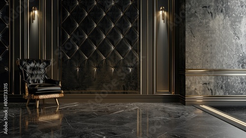 Luxurious interior with elegant black armchair and marble flooring