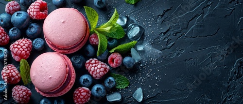 Pink and white macarons with fresh blueberries and raspberries on a dark background.
