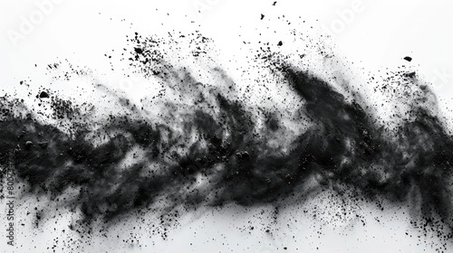 Black chalk fragments and dust particles, creating an exploding effect, isolated on white.