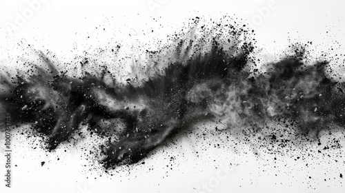 Black chalk pieces and dust particles scatter, producing an explosion effect, isolated on white.