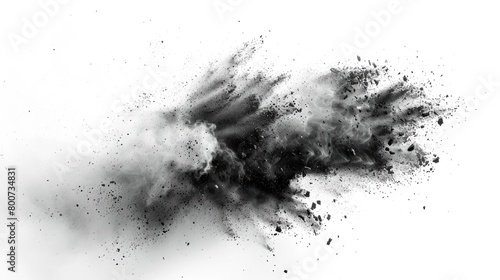 Black chalk pieces and dust particles burst, creating an exploding effect, isolated on white.