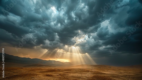 Dramatic cloudscape over vast desert terrain - A captivating cloudscape with sun rays bursting through dark storm clouds, illuminating a sprawling desert below