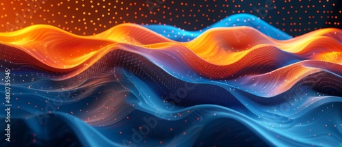 Blue and orange glowing waves of light undulate across the surface of a dark blue plane.