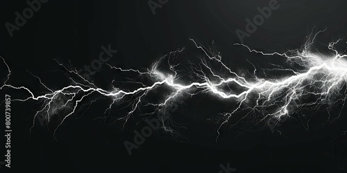 Dynamic white lightning on black background - Capturing the raw energy of nature, this image features intense white lightning bolts striking across a pitch-black sky