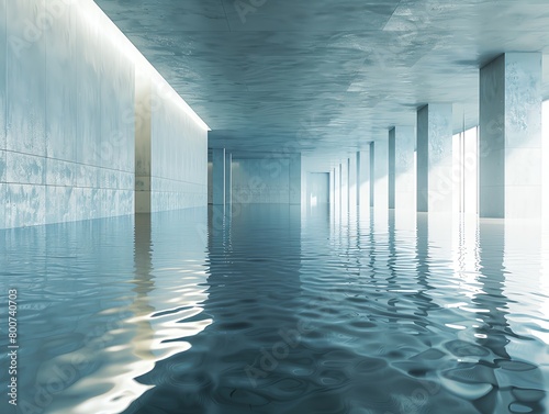 Abstract concept of an underwater architectural space with columns and serene reflections.