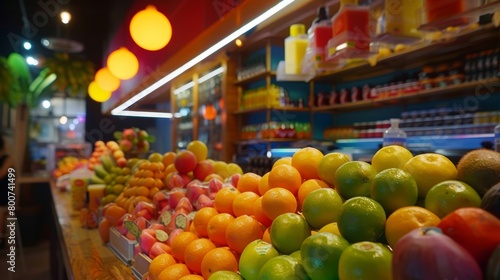 Vibrantly colored fruits line the counter of a bustling popup juice shop.
