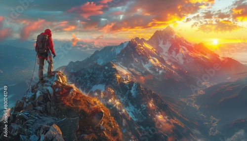 Mountain climber standing on peak at sunrise