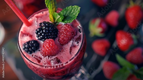 A closeup of a smoothieinspired cocktail garnished with ripe berries and a sprig of mint.