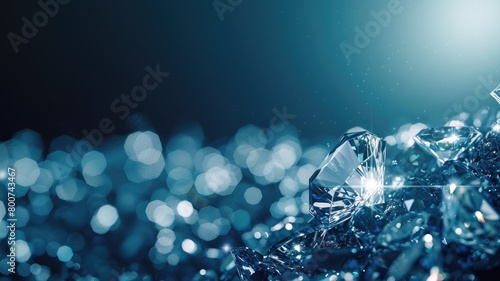Sparkling diamonds scattered against dark blue background with bright light reflection