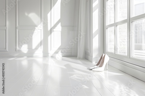 White Minimalist Apartment Interior with Designer Shoes Displayed on Clean Background
