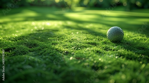 Golf ball on lush green grass with sunlight filtering through trees, concept of sports and leisure. Golf course and recreation concept. Design for sports brochure, golf tournament flyer.