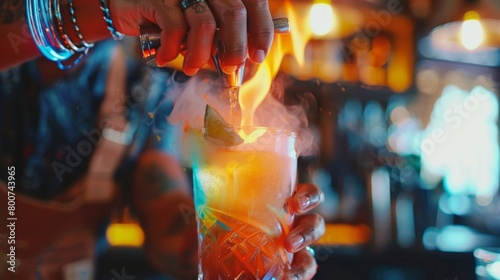 A bartender expertly mixing and shaking a vibrant concoction the sweet aroma filling the air.