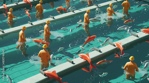 Workers in Fish farm. Cartoon Sustainable farming techniques food security and local economies and environmental protection. ai generative