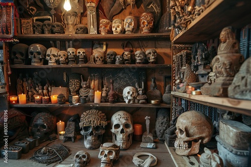 Interior of Voodoo shop, African religion, art, artifacts, candles, skulls, magic, gris-gris