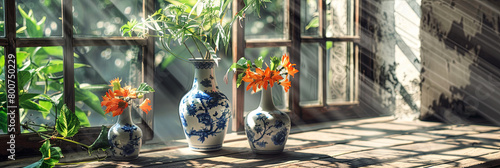 Chinese blue and white porcelain vases with orange flowers, generative AI