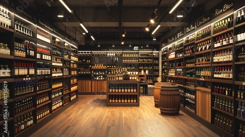Liquor store interior. Fictitious text and labels