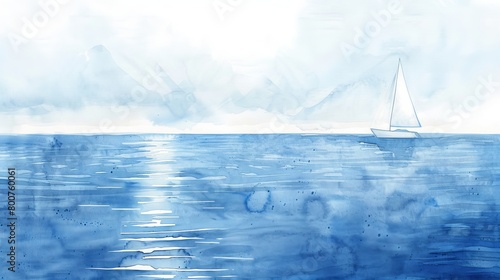 Minimalist watercolor depicting a soft blue sea with faint waves lapping at a clear beach, evoking quiet and peace