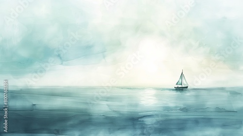 Minimalist watercolor seascape with a clear sky and calm sea, designed to induce relaxation and a meditative state in the viewer