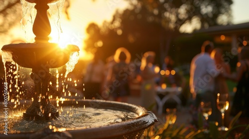 The sun setting behind a picturesque fountain casting a warm glow on guests as they continue to enjoy their nonalcoholic mocktail garden party.