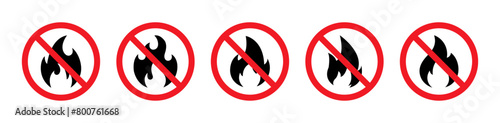 No fire restriction vector icon set. no fire flame icon in red circle. fire symbol in black. no fire and stop fire sign vector. stop fire sign with flame. No fire symbol.
