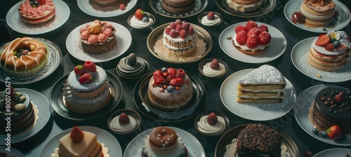 an assortment of cakes on top of many plates
