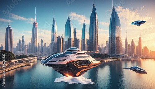  a futuristic cityscape bustling with activity, showcasing sleek skyscrapers and bustling hovercrafts against a neon-lit skyline."