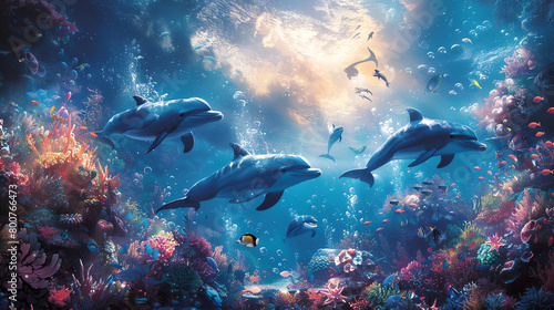 A magical underwater scene with children and mermaids swimming with dolphins